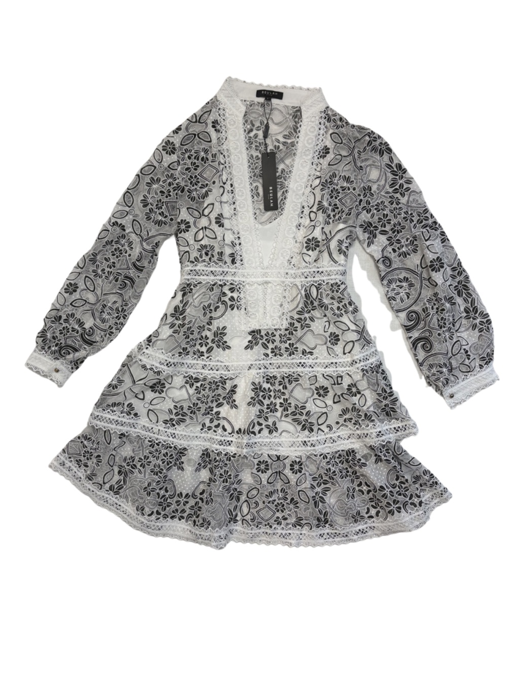 NWT Beulah Black & White Lace Long Sleeve Dress, Size L, Romantic Cottagecore